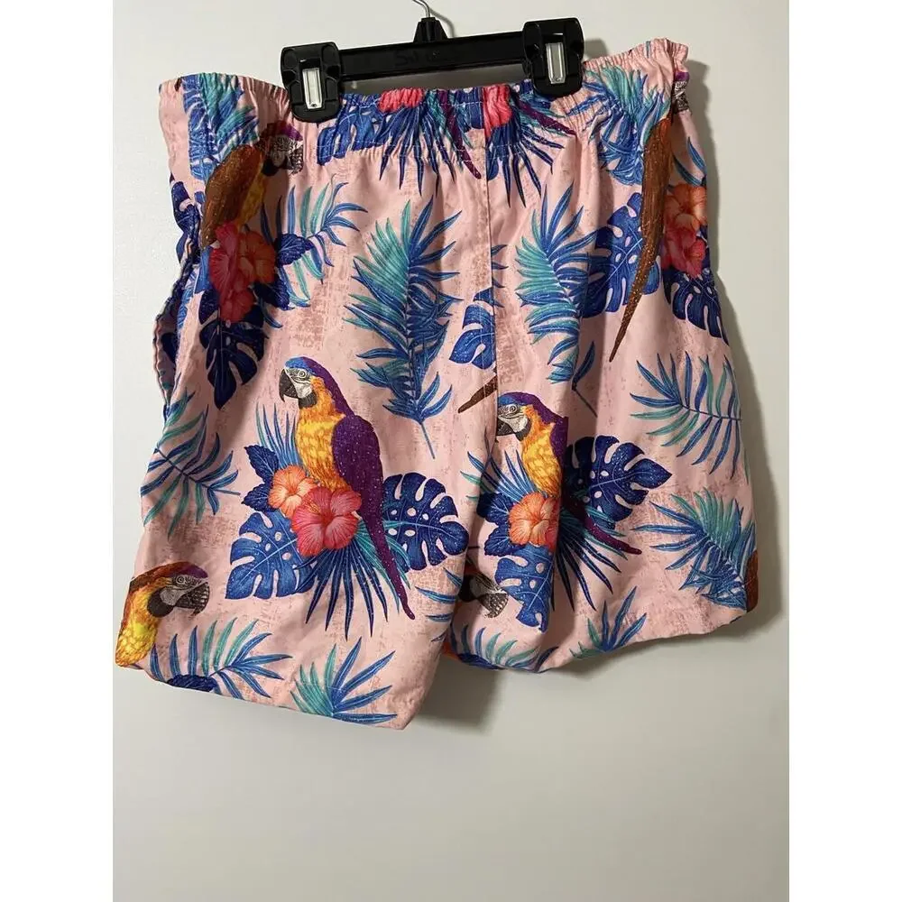 Ring of Fire Mens Shorts Swim Trunks Small Pink Tropical Parrot Print Novelty